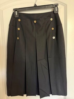 CHANEL Black Midi Pleated Skirt with Gold Buttons
